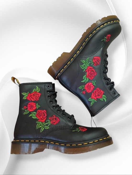 Dr. Martens Shoes - New Dr. Martens 1460 Vonda Black Leather Boots w/Rose Embroidery